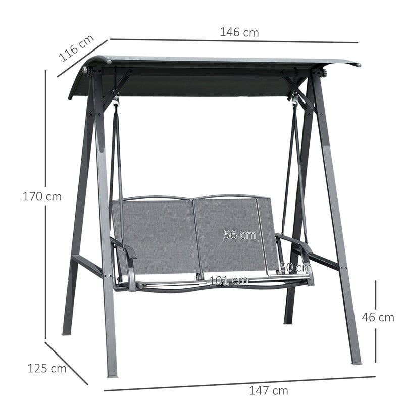 2 Seater Garden Swing Chair With Adjustable Canopy Shade And Metal Frame Dark Grey
