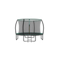 Full view of the green 12ft Songmics trampoline with safety enclosure net and ladder on a white background