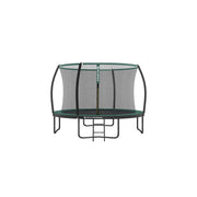Full view of the green 12ft Songmics trampoline with safety enclosure net and ladder on a white background