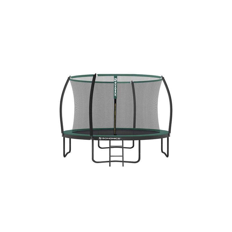 Full view of the green 12ft Songmics trampoline with safety enclosure net and ladder on a white background