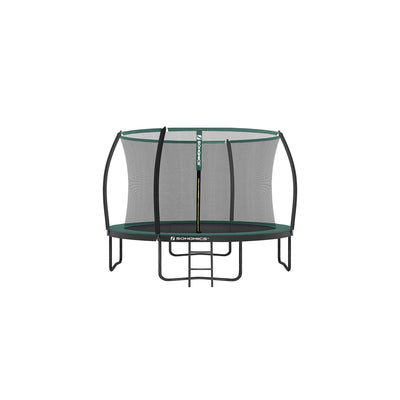 Full view of the green 12ft Songmics trampoline with safety enclosure net and ladder on a white background