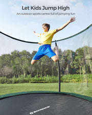 Let Kids Jump High graphic showing a child jumping on a 12ft green Songmics trampoline with safety net