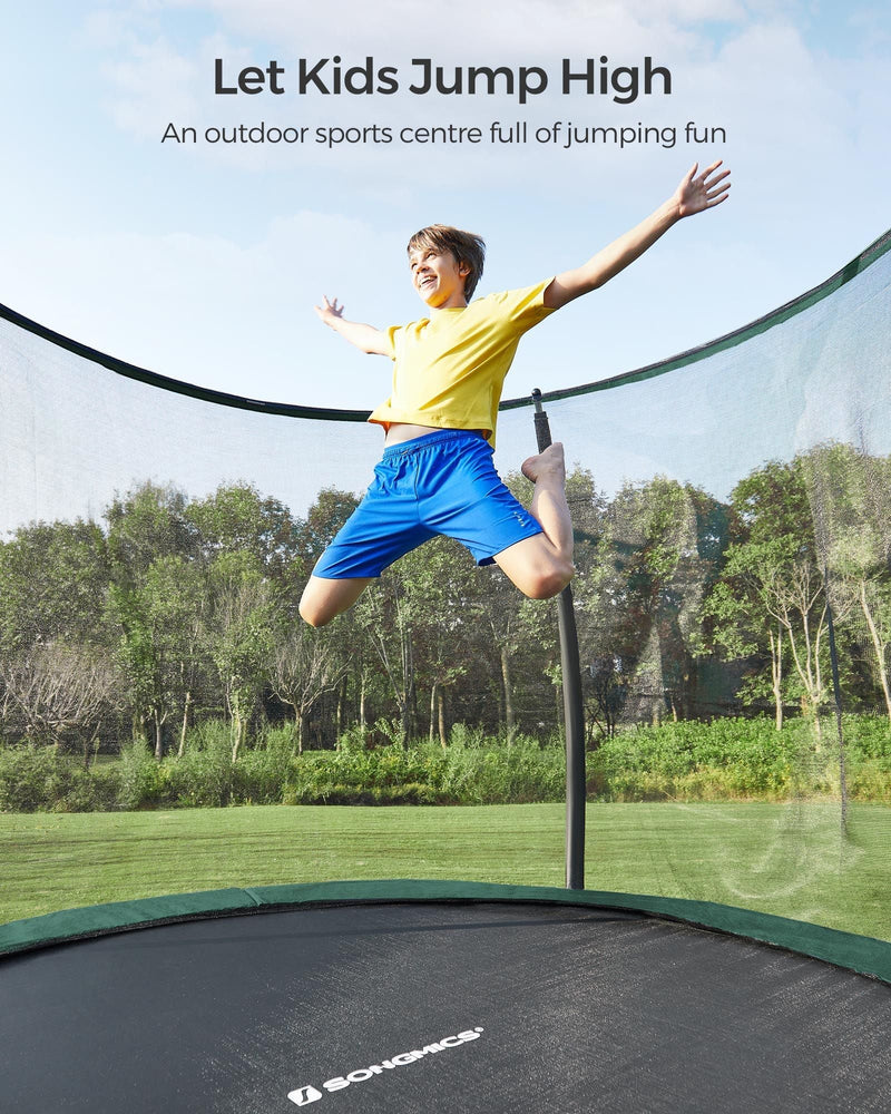 Let Kids Jump High graphic showing a child jumping on a 12ft green Songmics trampoline with safety net