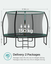 Dimensions diagram showing 366cm diameter, 180cm net height and 150kg load capacity