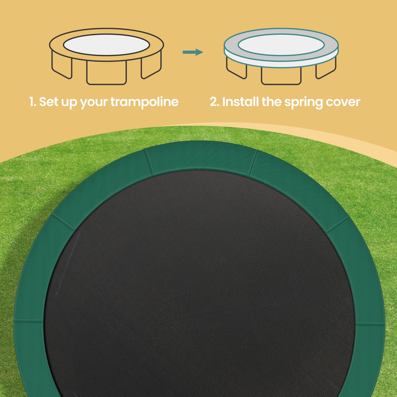 Diagram showing trampoline safety pad installation over spring cover