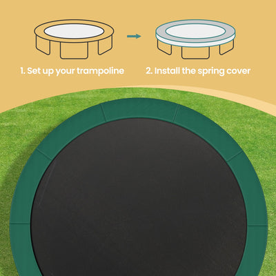 Diagram showing trampoline safety pad installation over spring cover