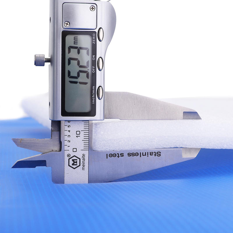 Close-up of a digital caliper measuring the safety pad's foam padding thickness in millimetres