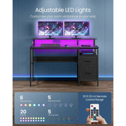Vasagle Gaming Desk with Drawers and LED Lights, 135cm Wide
