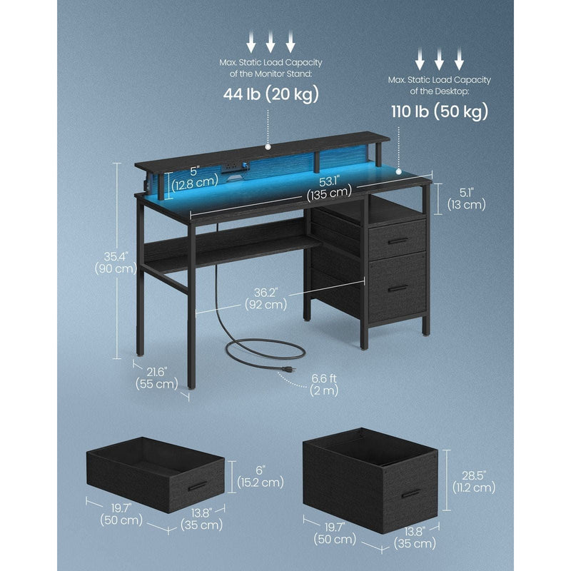 Vasagle Gaming Desk with Drawers and LED Lights, 135cm Wide