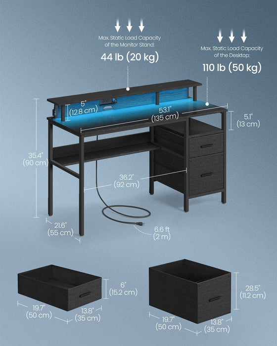 Image of a black Vasagle 135cm gaming desk with drawers and LED lights