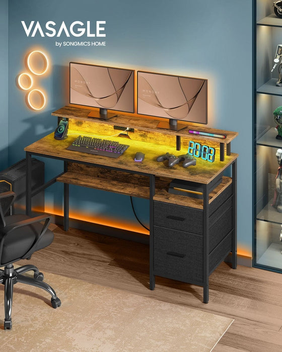 Image of a rustic brown Vasagle 135cm gaming desk with drawers and LED lights