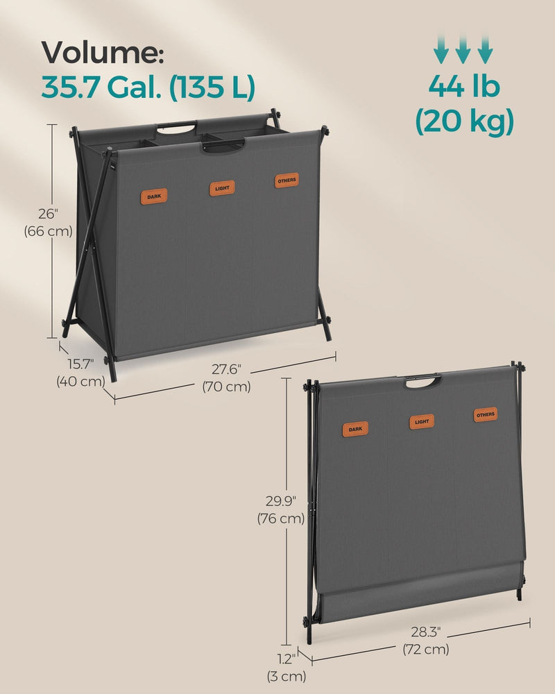Songmics 135L laundry hamper dimensions diagram, open and folded