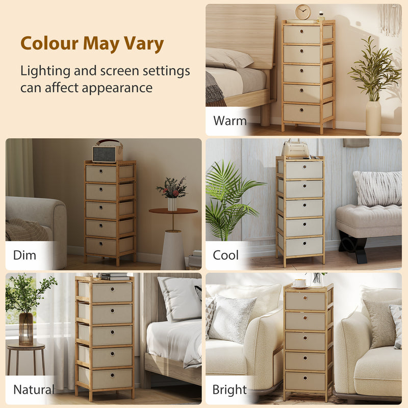 Slim Chest of Drawers for Small Bedrooms with Five Fabric Storage Drawers Natural Finish AOSOM