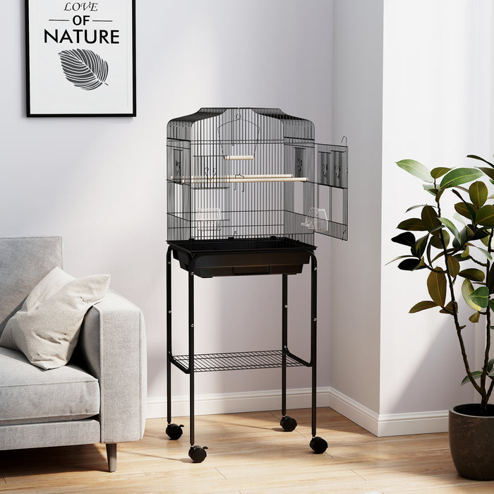 Black Bird Cage for Budgies Canaries Finches with Stand Wheels Storage Shelf by PawHut