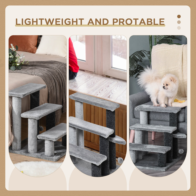 3 Step Pet Stairs with Scratching Posts and Toy Ball for Cats and Small Dogs Grey