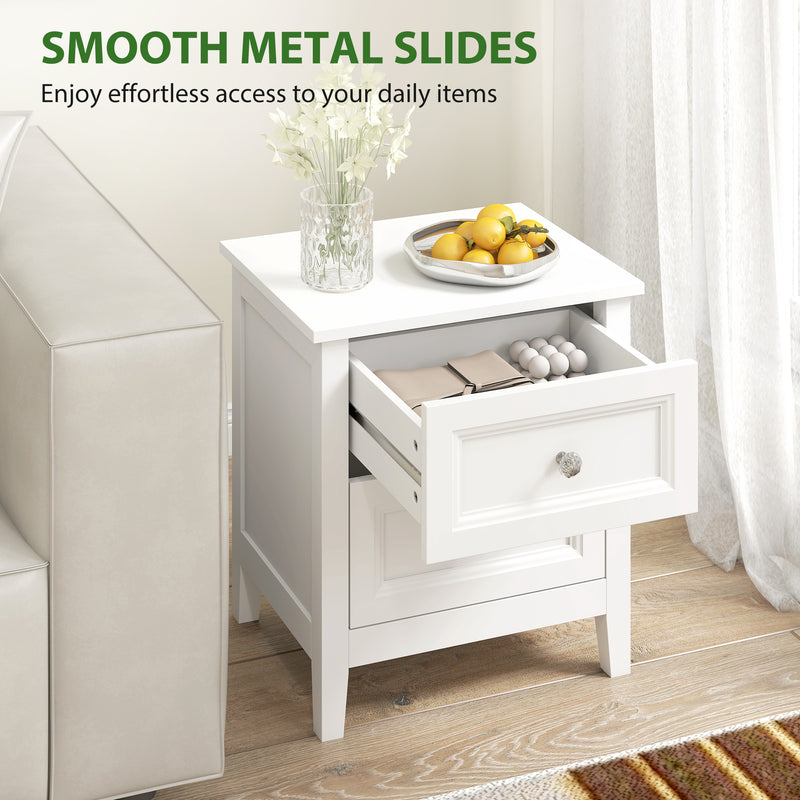Bedside Table with 2 Drawers for Organised Bedroom Storage White Homcom