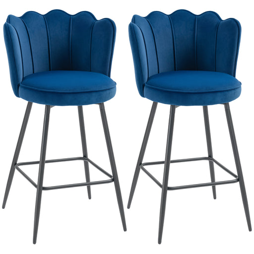 Set of 2 Dark Blue Velvet Bar Stools with Lotus Backrest for Kitchen or Home Bar