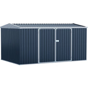 Large 14x9ft dark grey metal garden shed with apex roof and closed double doors, front three-quarter view