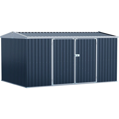 Large 14x9ft dark grey metal garden shed with apex roof and closed double doors, front three-quarter view