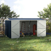 The shed on a lawn with both doors open, holding a step ladder, wheelbarrow, gas bottle and garden tools