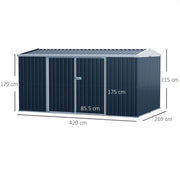 Dimension diagram: 420cm wide, 269cm deep, 215cm to the apex and 179cm at the eaves, with 85.5 x 175cm door leaves