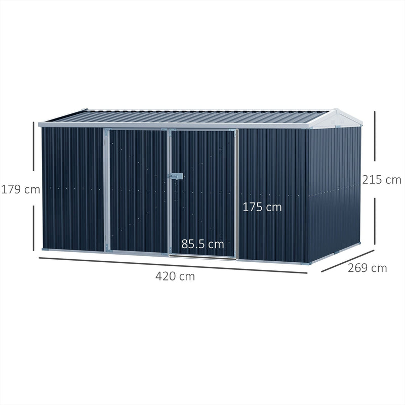 Dimension diagram: 420cm wide, 269cm deep, 215cm to the apex and 179cm at the eaves, with 85.5 x 175cm door leaves