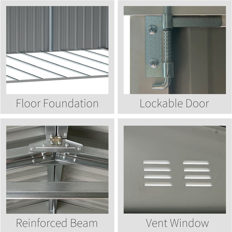 Two panels: the open steel foundation base frame, and a close-up of the spring-loaded door latch