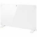 White glass-panel electric heater, angled studio view showing feet and LED touch panel