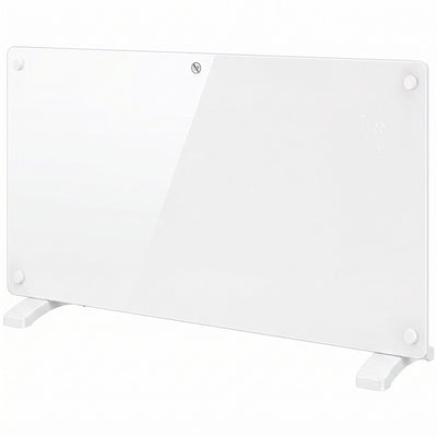 White glass-panel electric heater, angled studio view showing feet and LED touch panel