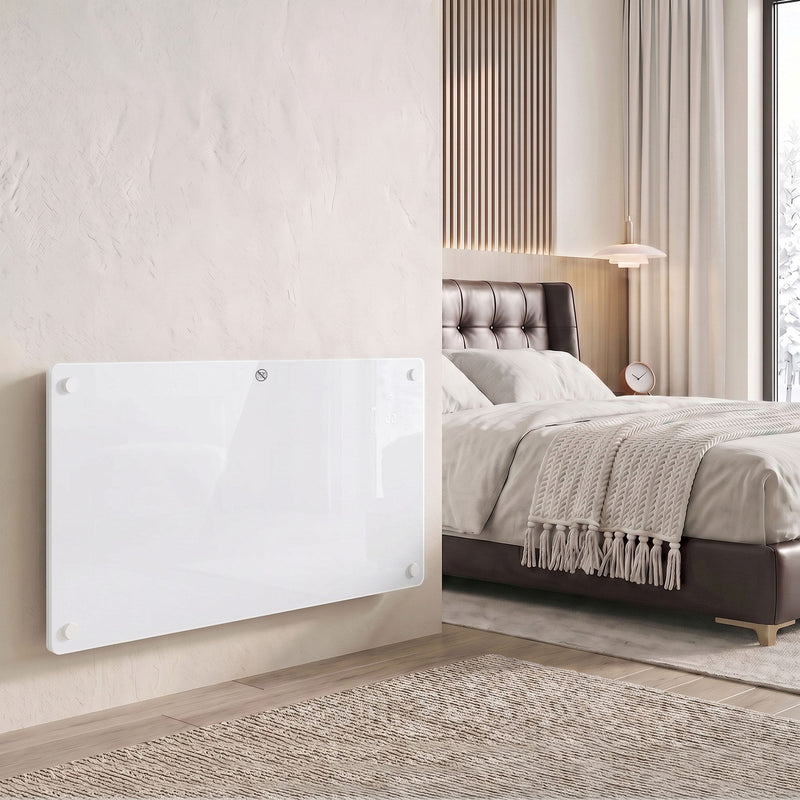 White smart panel heater wall-mounted in a bedroom beside the bed