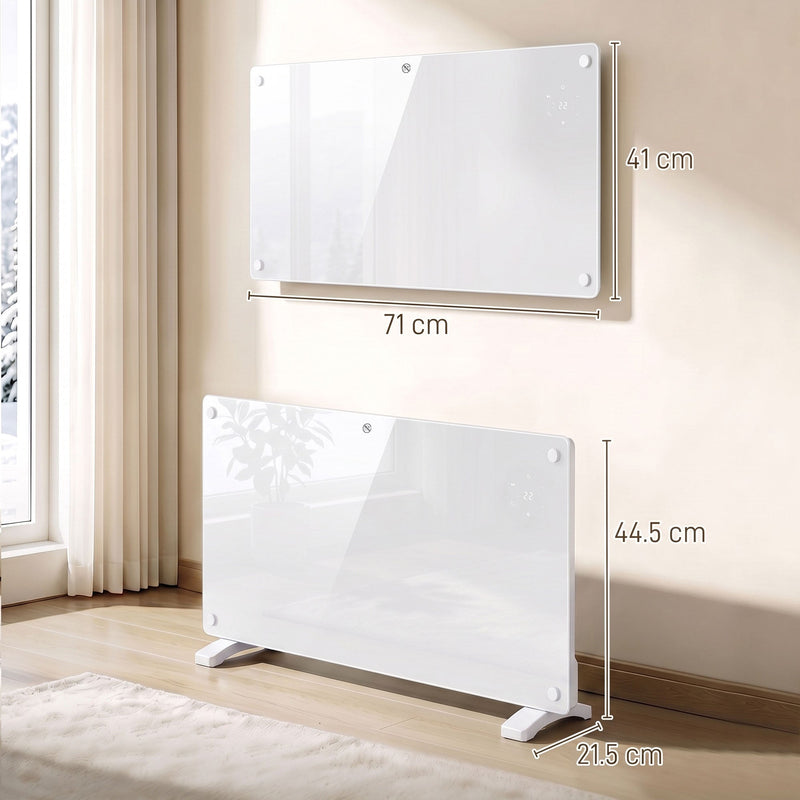 Dimensions diagram comparing 71 x 41cm wall-mounted and 71 x 44.5 x 21.5cm freestanding heater sizes