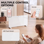 Multiple control options for the heater: Tuya app, remote control and LED touch screen