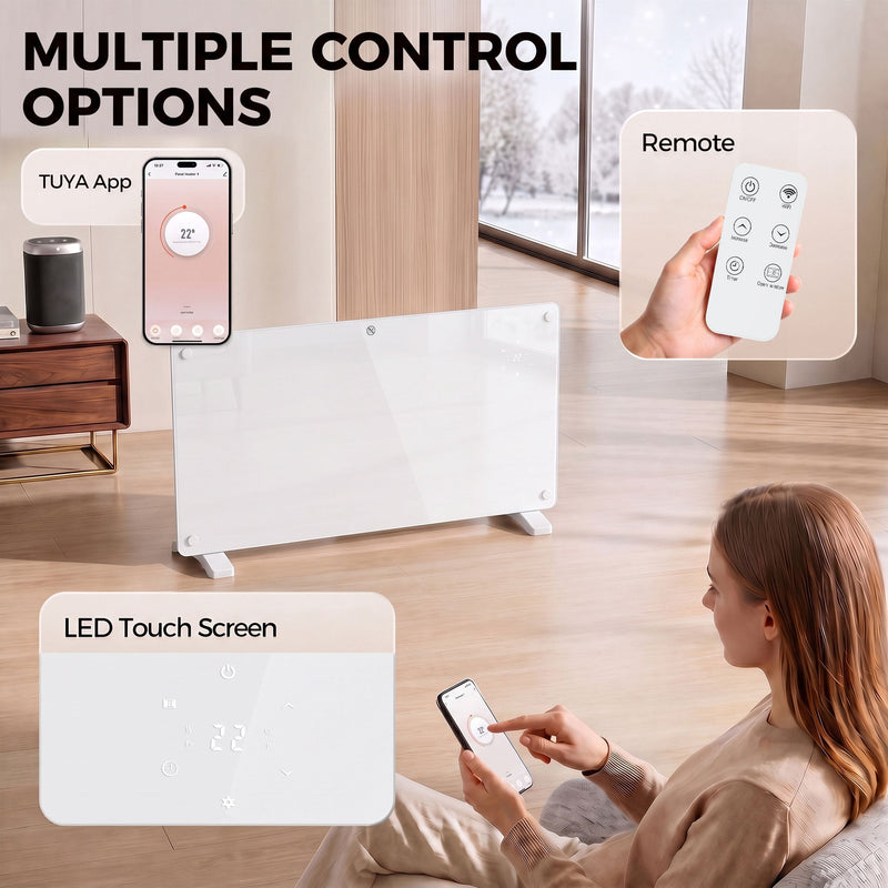 Multiple control options for the heater: Tuya app, remote control and LED touch screen