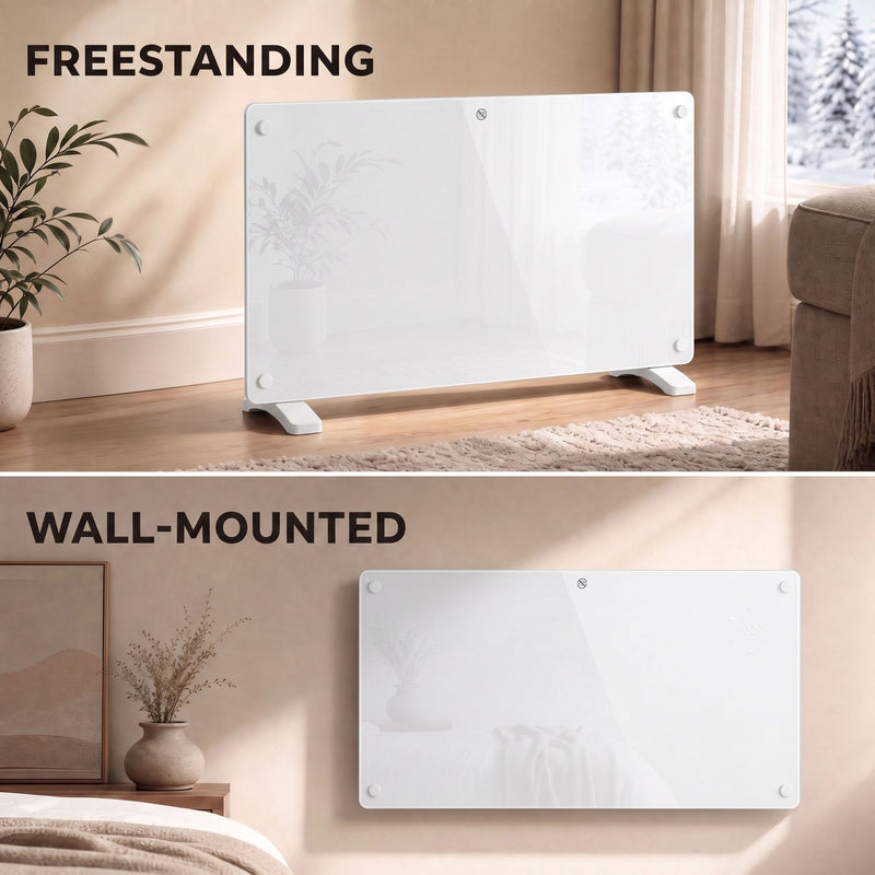 Freestanding and wall-mounted heater set-up options compared side by side