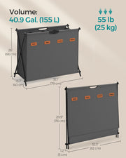 Songmics 155L laundry hamper dimensions diagram, open and folded