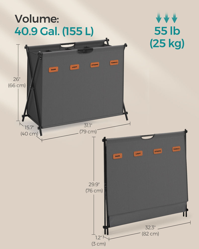 Songmics 155L laundry hamper dimensions diagram, open and folded