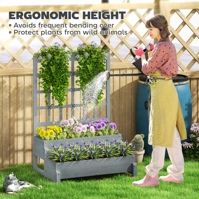 Grey 2 Tier Raised Garden Bed with Trellis Wooden Planter Box for Climbing Plants by Outsunny