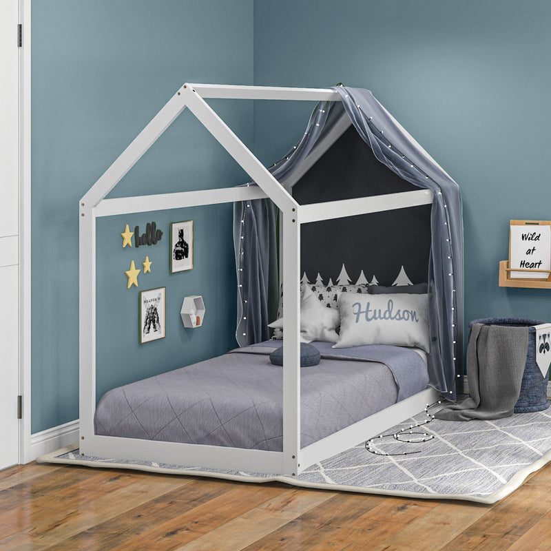 Single Wooden House Bed Frame for Kids with Slatted Base Fits 90 x 190 cm Mattress White