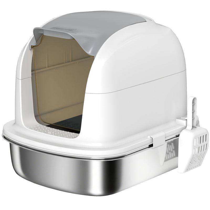 Enclosed Stainless Steel Cat Litter Box With Scoop Flip Lid For Mess Free Cleaning, Silver