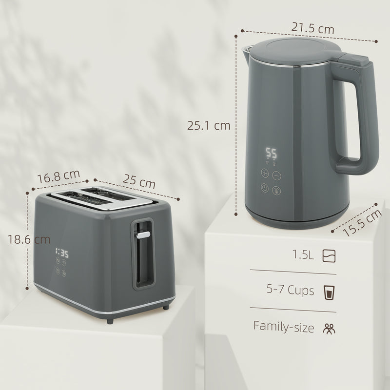 Grey Digital Kettle and 2 Slice Toaster Set with Fast Boil and LED Touch Controls