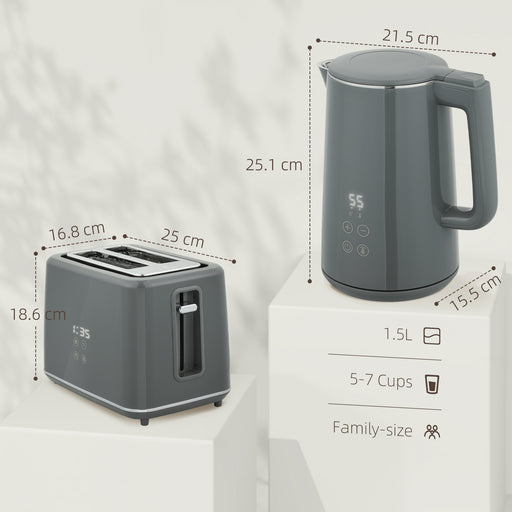 Grey Digital Kettle and 2 Slice Toaster Set with Fast Boil and LED Touch Controls