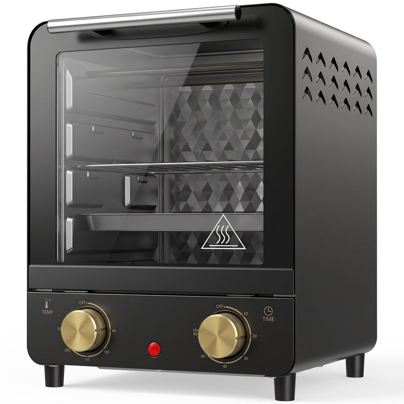 Black 15L mini oven with gold-tone control knobs and glass front on a white background