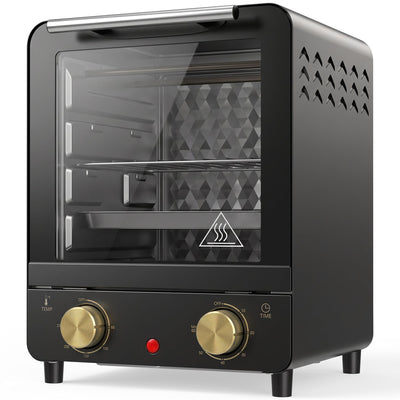 Black 15L mini oven with gold-tone control knobs and glass front on a white background