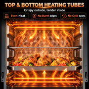 Inside the oven showing top and bottom heating tubes cooking chicken on a tray