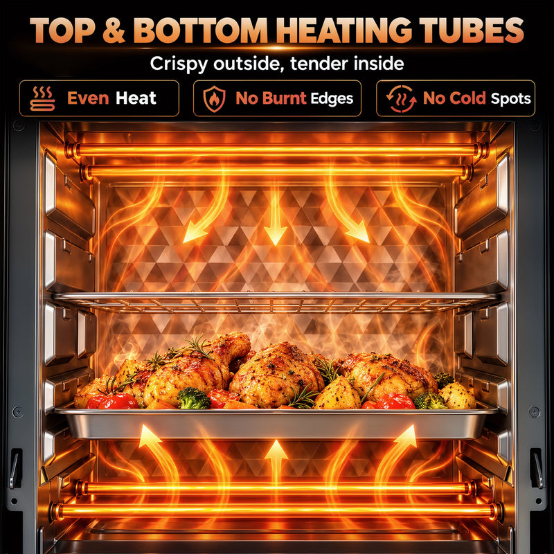 Inside the oven showing top and bottom heating tubes cooking chicken on a tray