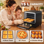 Family using the 15L oven with icons for 4 slices of toast, a 10-inch pizza and 6 chicken wings
