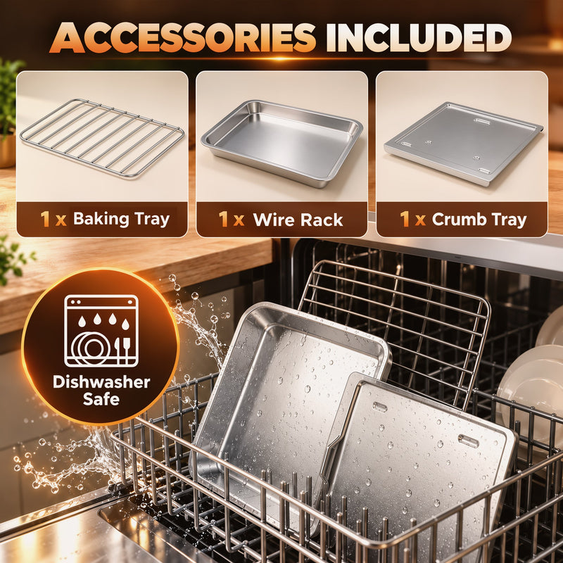 Accessories panel showing the baking tray, wire rack and crumb tray, dishwasher safe