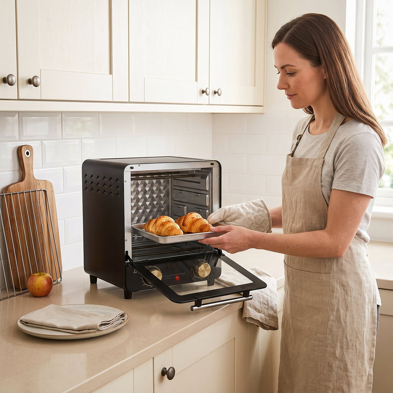Woman removing a tray of baked food from the black mini oven