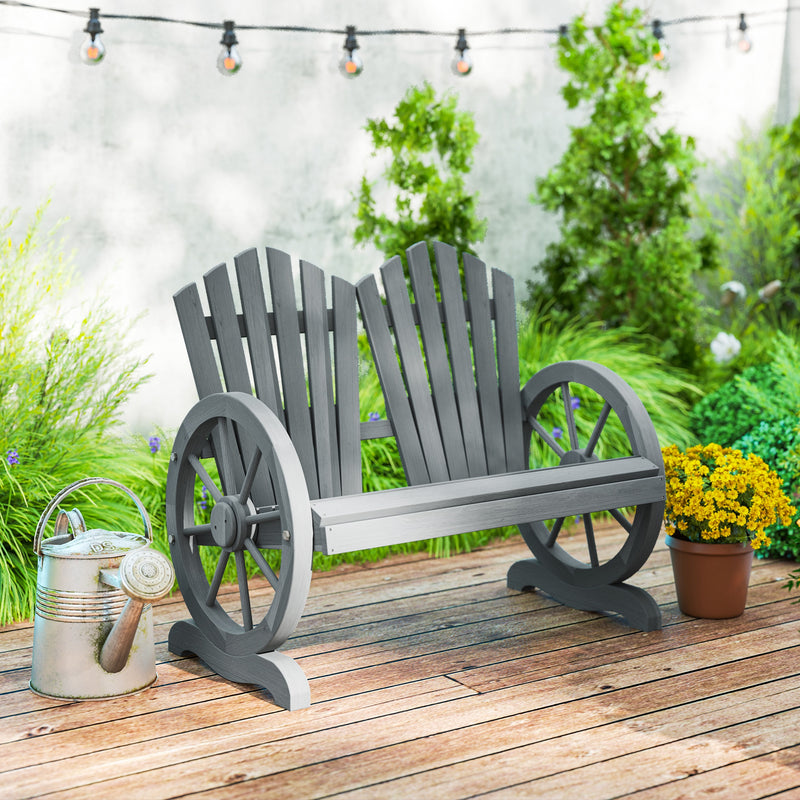 Grey Fir Wood Love Seat with Wheel Shaped Armrests and Sturdy Frame by Outsunny