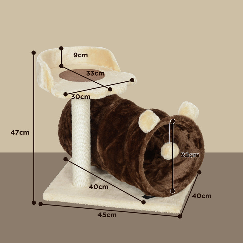 Small Cat Tree with Scratching Post Bed Tunnel and Toy Ball Dark Brown by PawHut